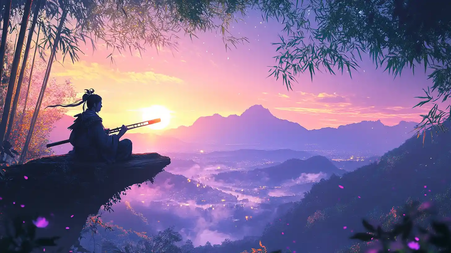 Warrior Playing Flute Above Bamboo Forest At Dusk