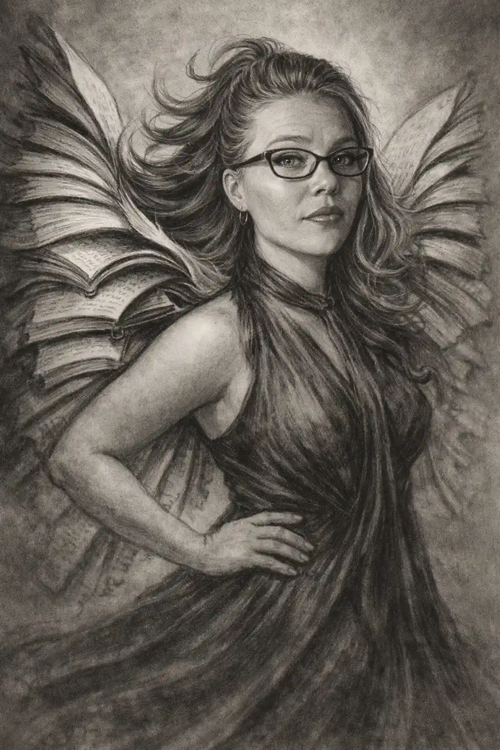 Elegant librarian with book wings in charcoal drawing