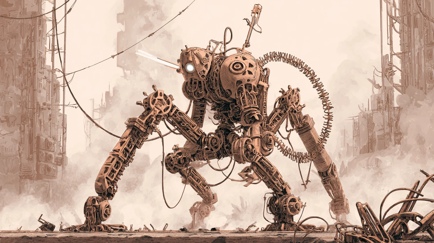 Copper android warrior in a crumbling cyberpunk city