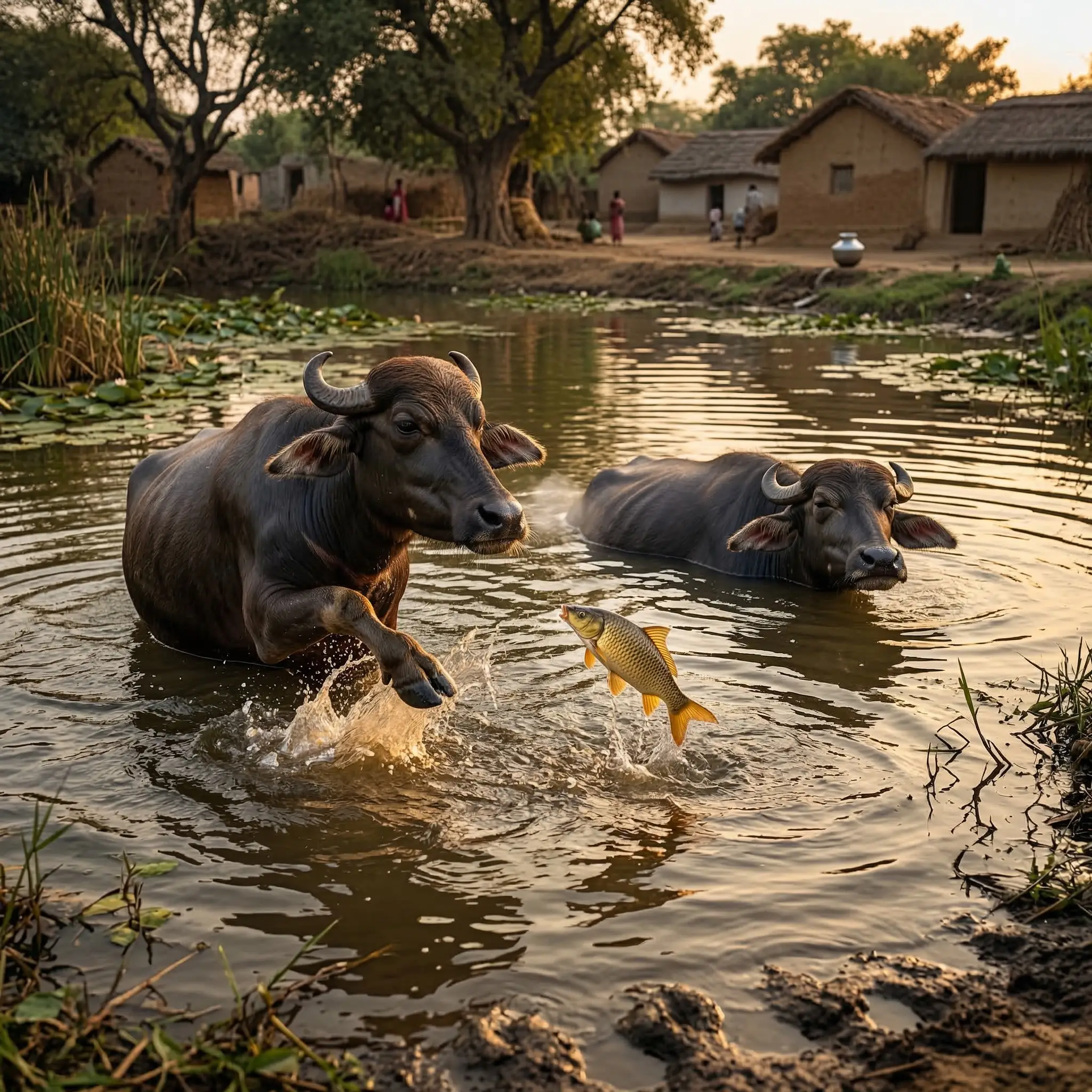 Two buffalo drinking at a calm village pond