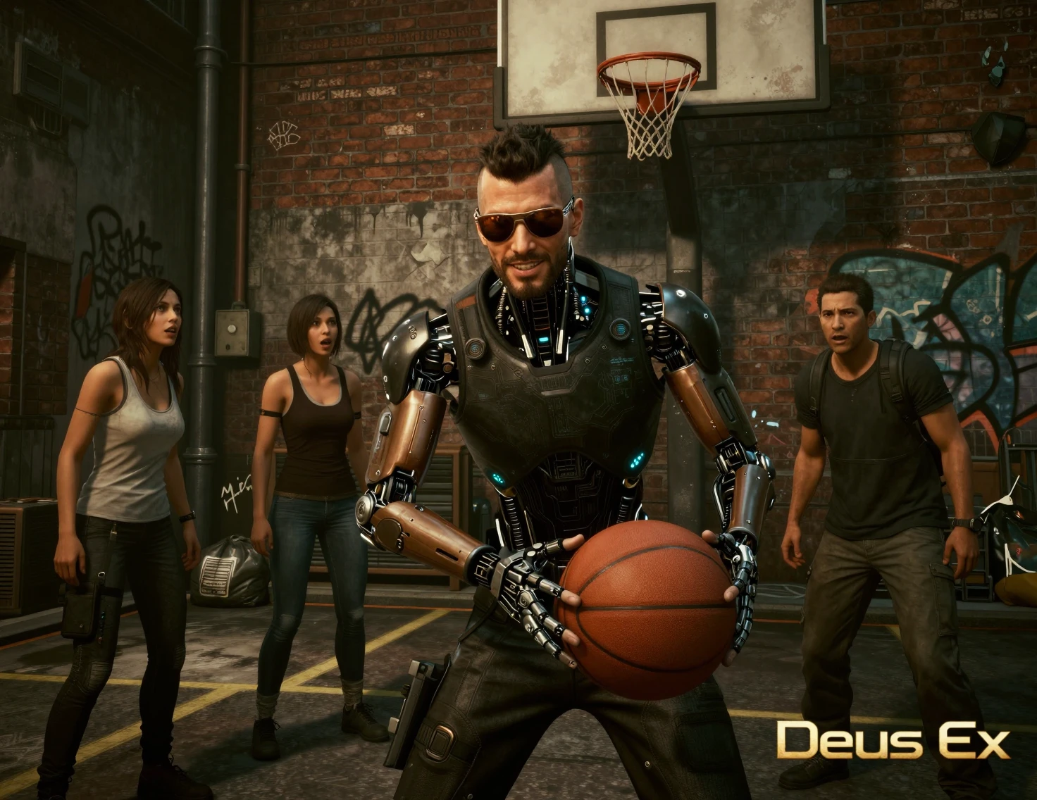 Augmented man posing with basketball in gritty city alley