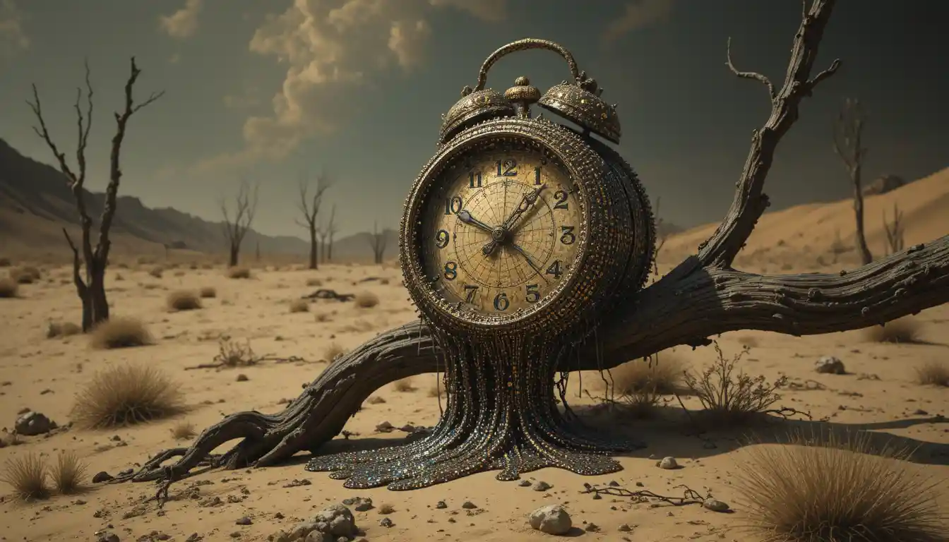 Schmelzende Uhr an einem Ast in pointillistischer Wüstenlandschaft