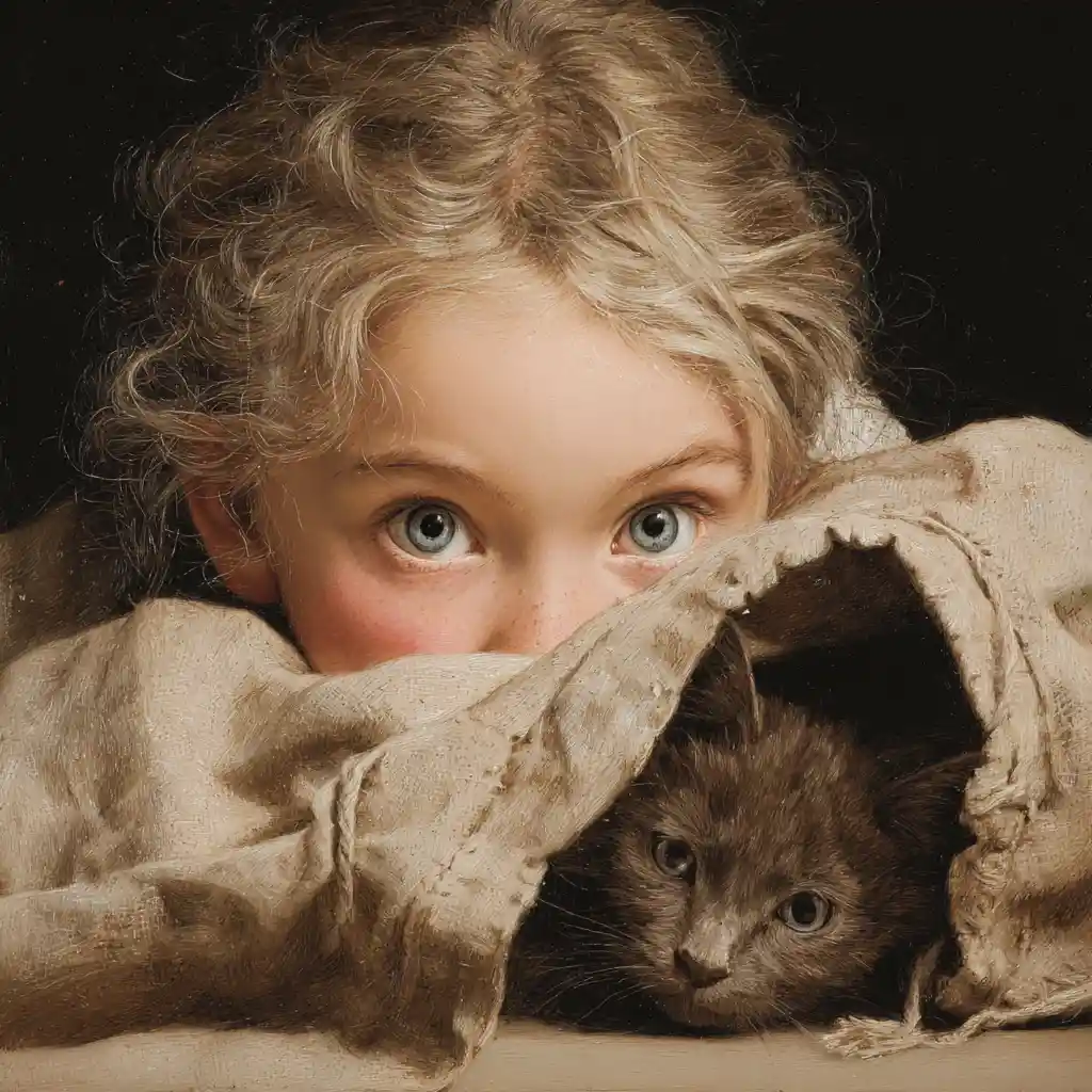 Little girl releasing a british shorthair cat illustration