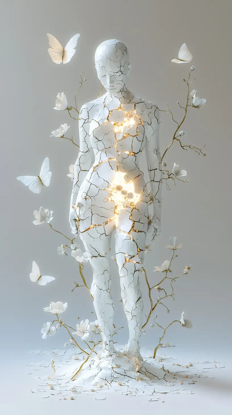 Porcelain human figure with golden kintsugi cracks and flowers