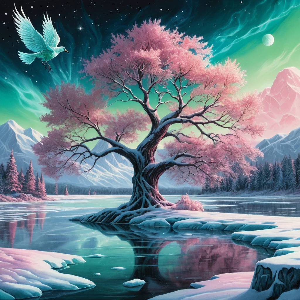 Creatura alata su albero ghiacciato accanto a un lago congelato luminoso