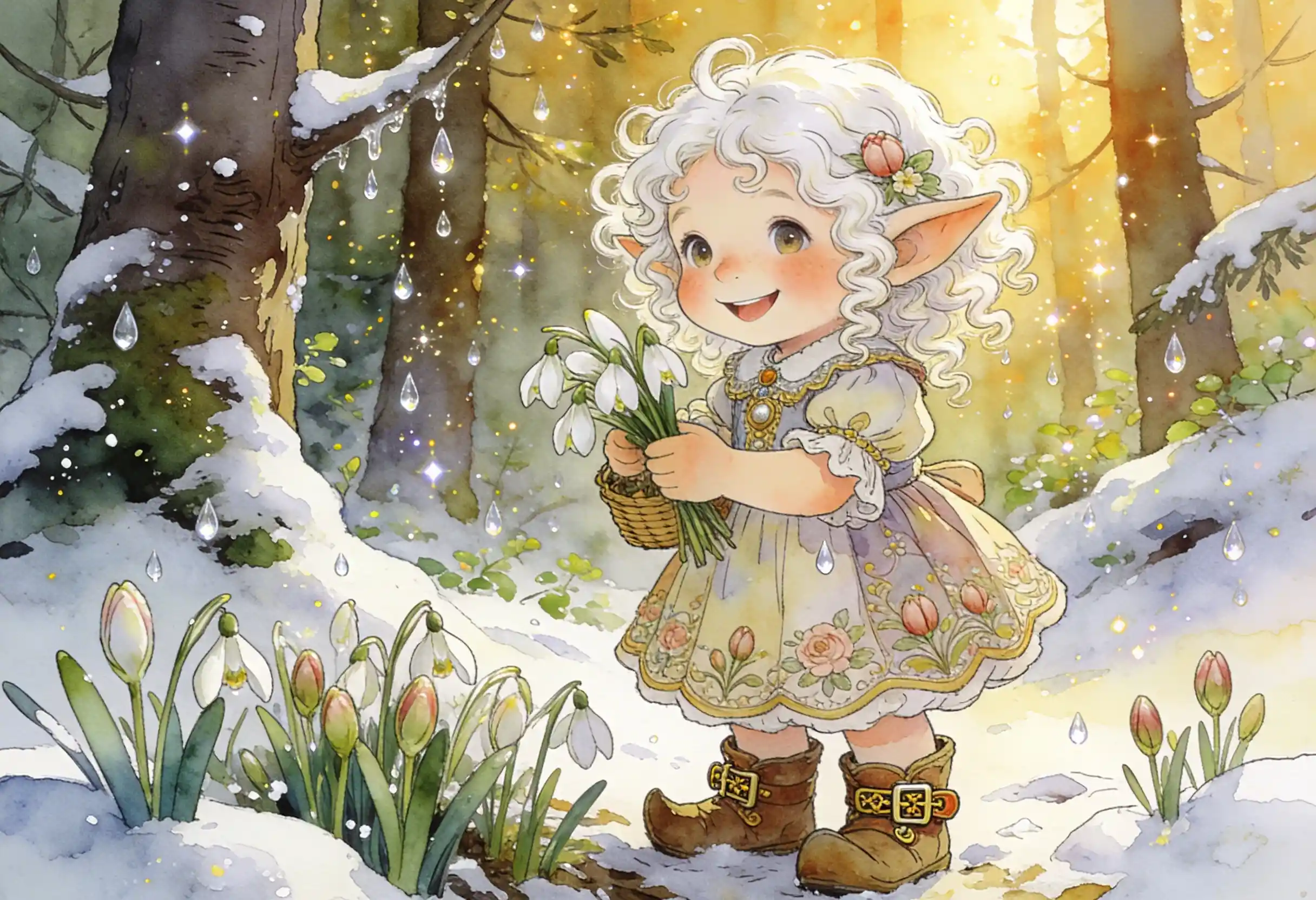 Joyful forest child gathering first spring snowdrops