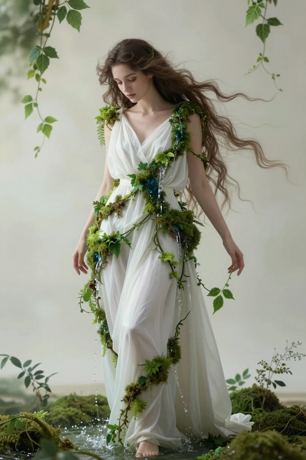 Ethereal woman in flowing white gown woven with living nature