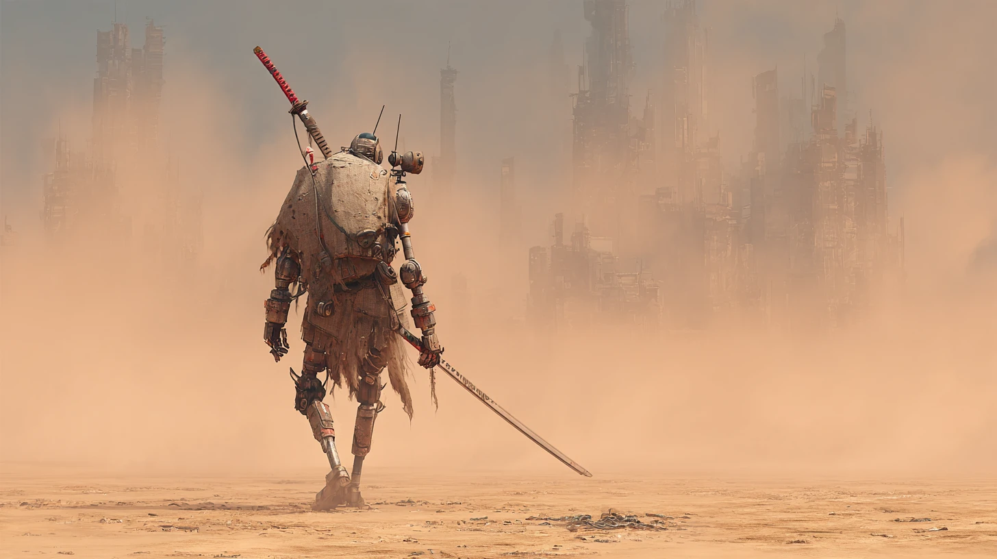 Guerreiro robô antigo caminhando por uma forte tempestade no deserto