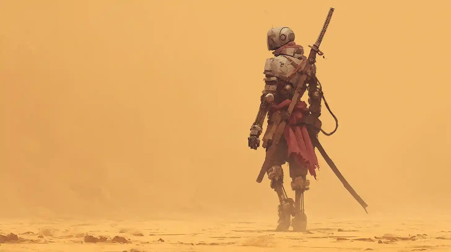 Antico guerriero robot che cammina attraverso una vasta tempesta di sabbia nel deserto