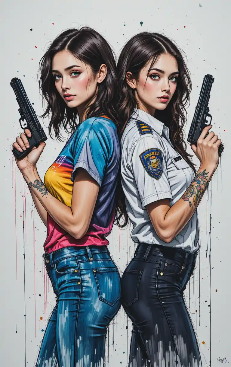 Two armed brunette women standing back to back in ink art
