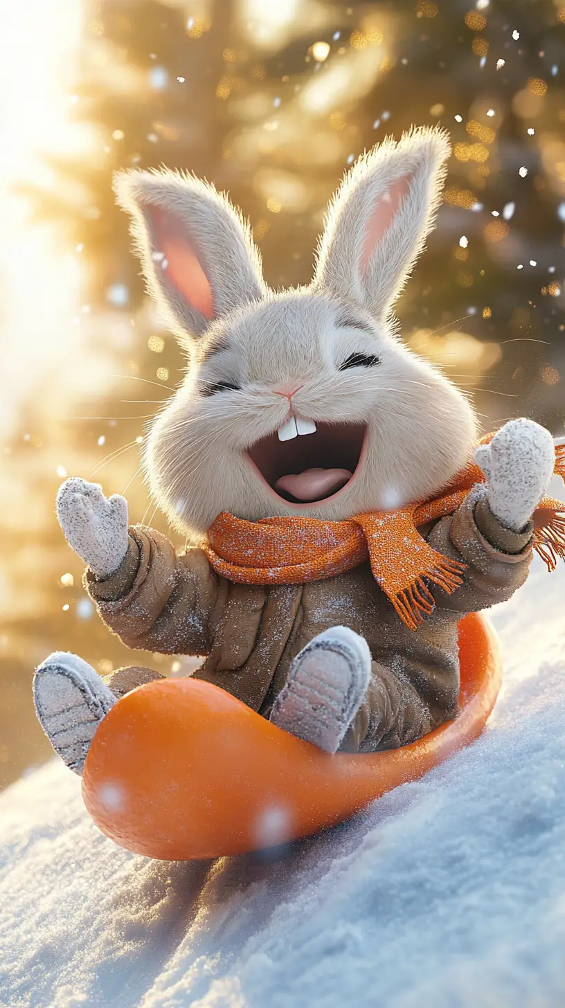 Joyful rabbit sledding down a snowy winter hill