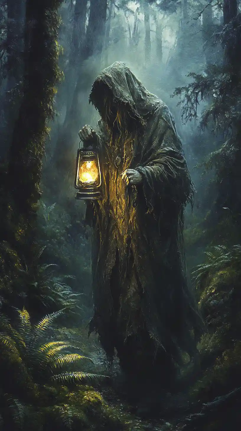 Hooded creature with lantern in a dark forest