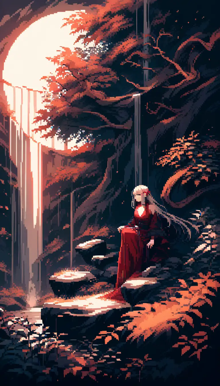 Pixel art girl by moonlit tree above misty waterfall