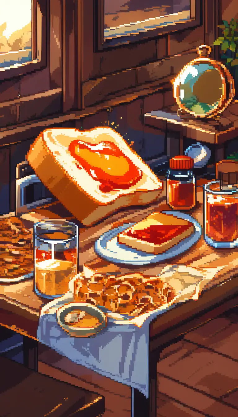 Pixel art nostalgic breakfast with toast and spreads