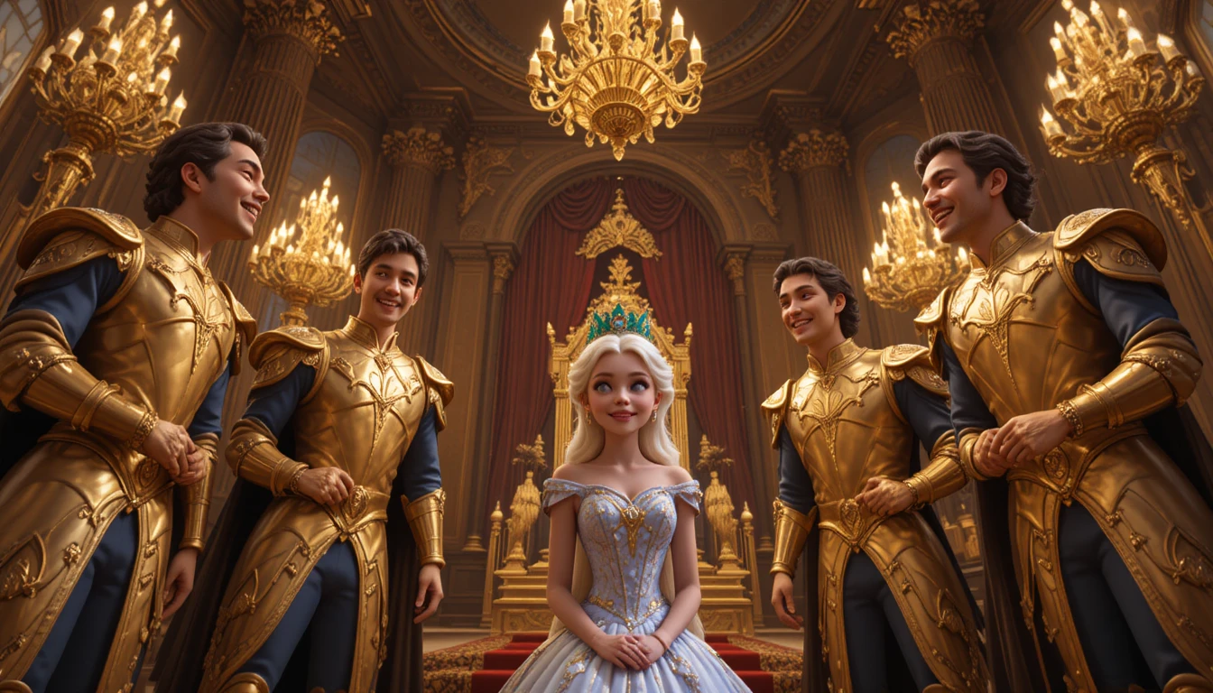 Shy silver haired princess mocked by princes in ballroom