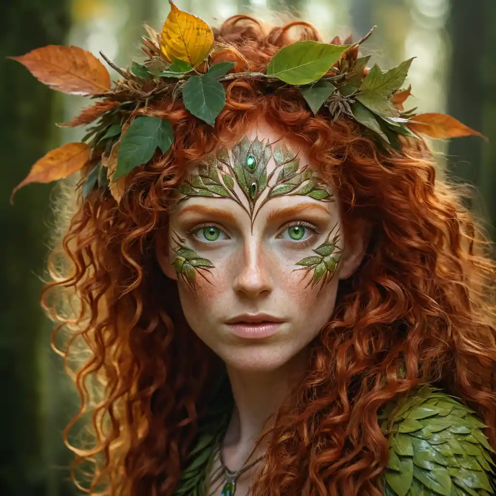 Portrait Hyperréaliste d’une Dryade de la Forêt aux Cheveux Rouges de Feu