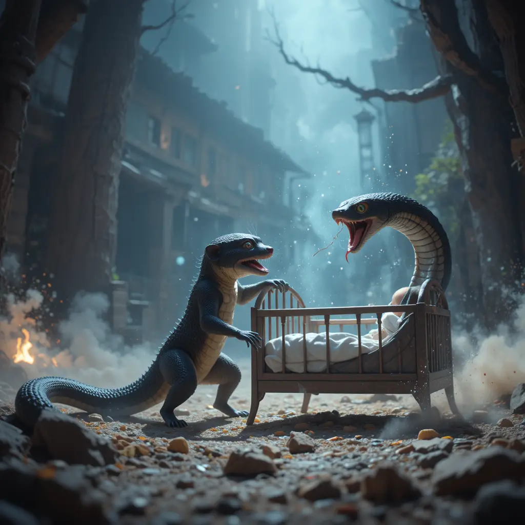 Brave mongoose battling black cobra beside a baby cradle