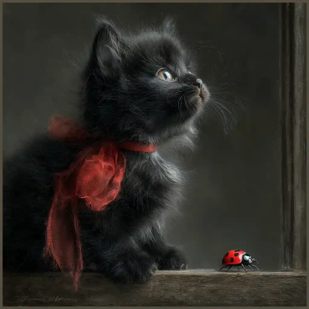 Fluffy black kitten with red bow and ladybug
