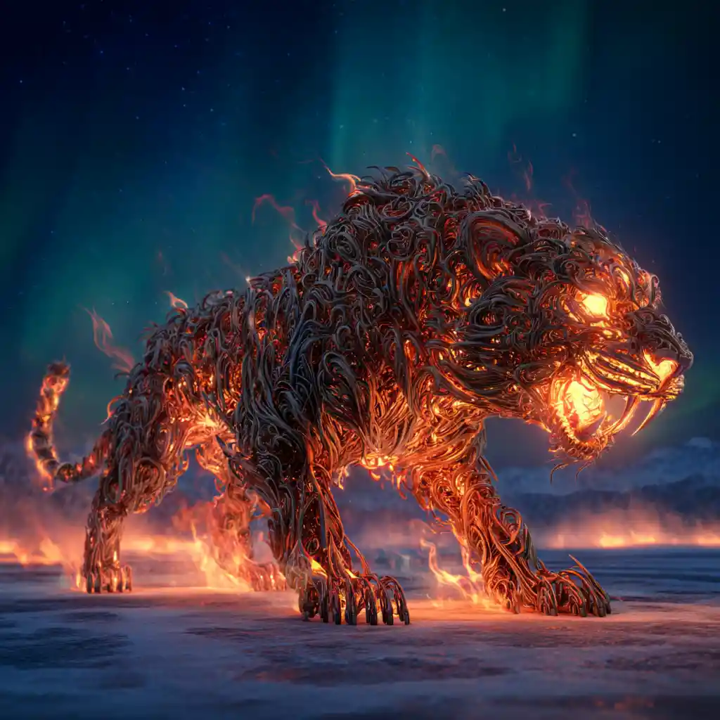 Predatore di Fiamme Fuse in Agguato in una Tundra in Fiamme