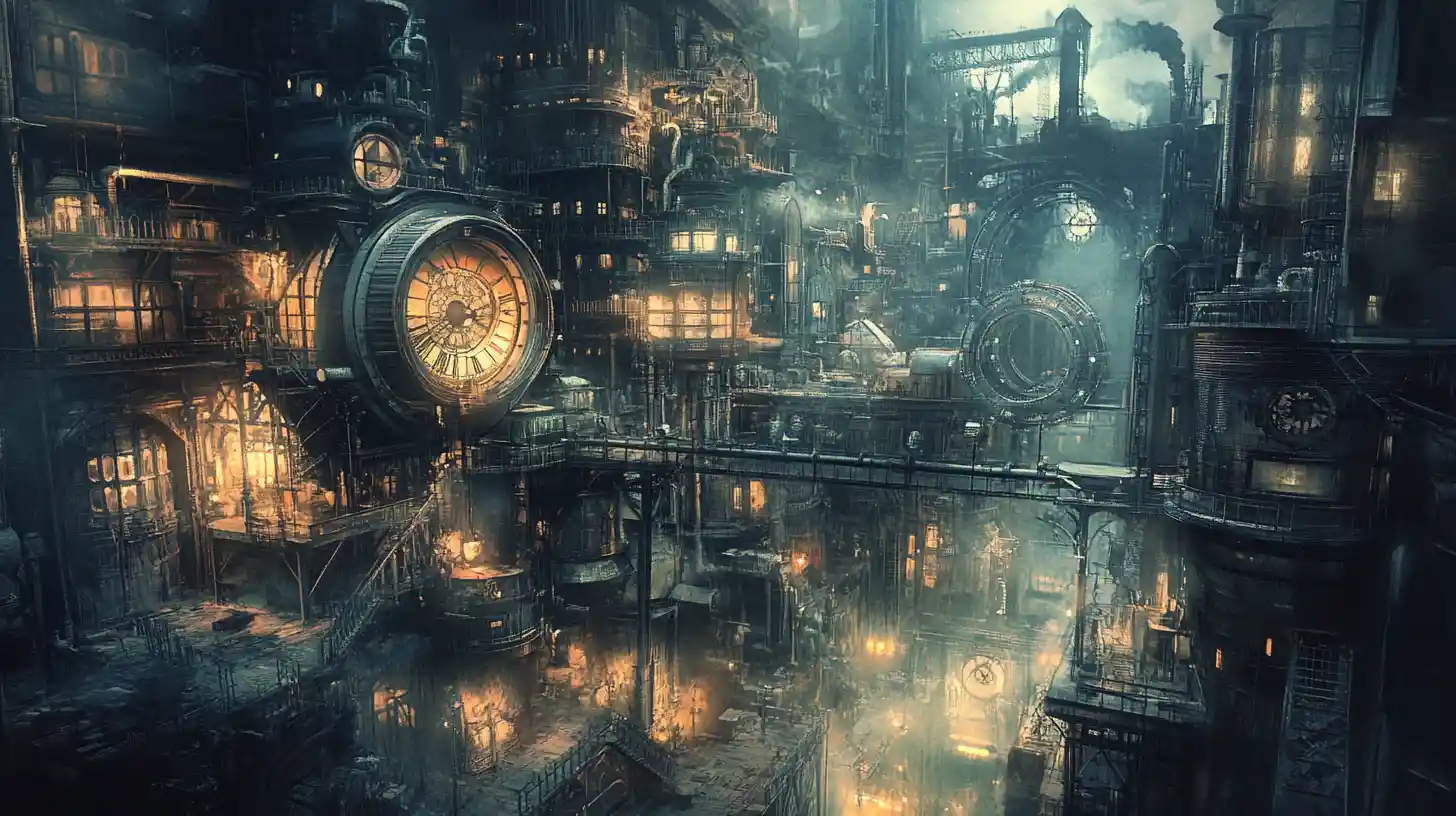 Fantasy clockwork city with decaying steampunk machinery