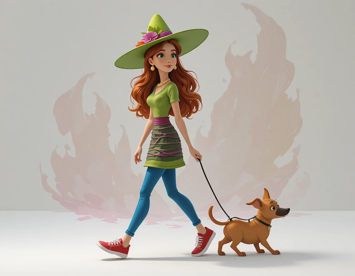Ragazza dai capelli rossi che porta a spasso un cane giocherellone in stile cartoon
