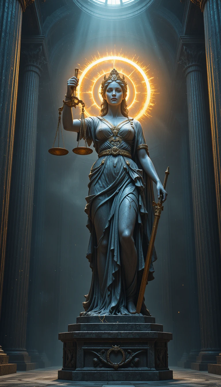 Statue of the goddess of justice in a grand ancient hall