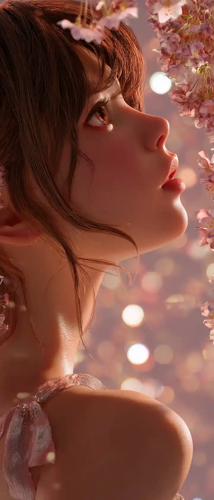 부드러운 벚꽃빛 아래 꿈같은 애니메이션 아이돌 소녀