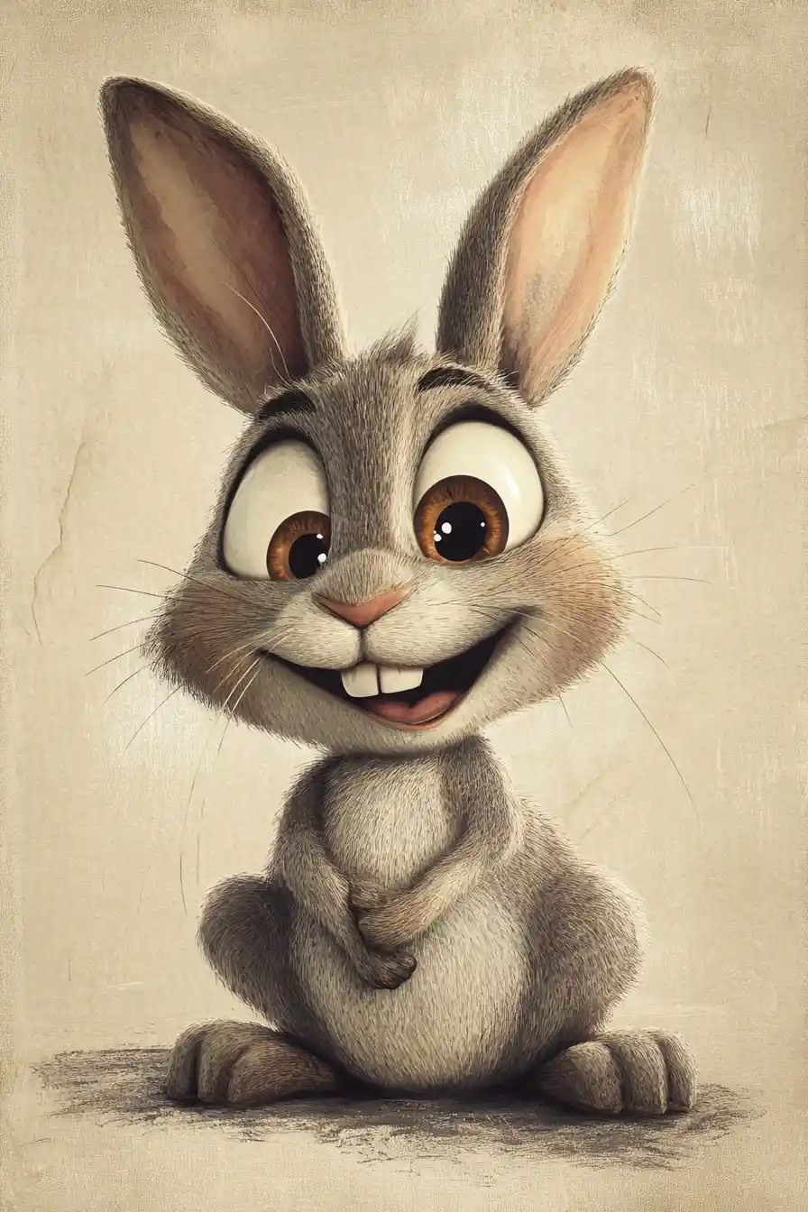 Playful cartoon rabbit with oversized eyes on bold background
