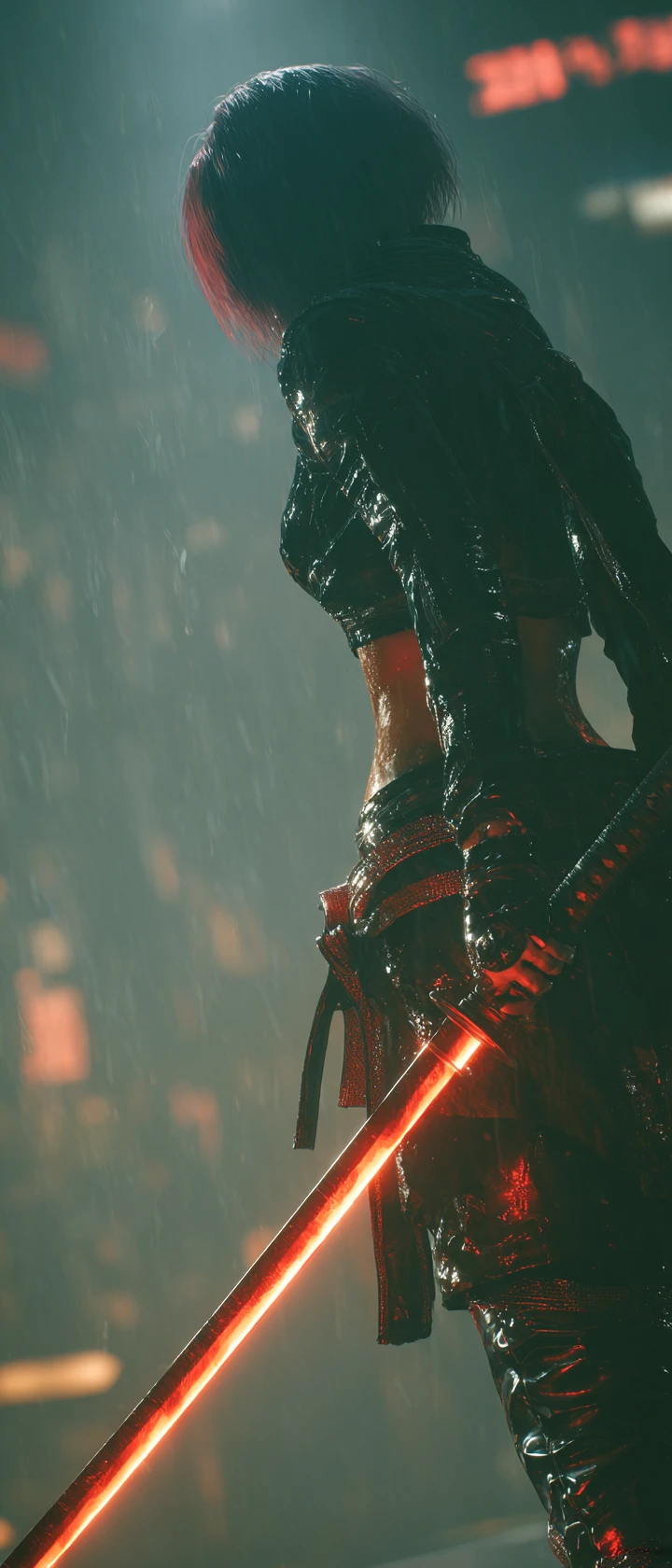 Mujer ninja cibernética de anime con katana de neón brillante