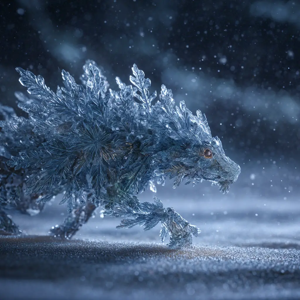 Snowflake creature wandering across a glowing frozen tundra