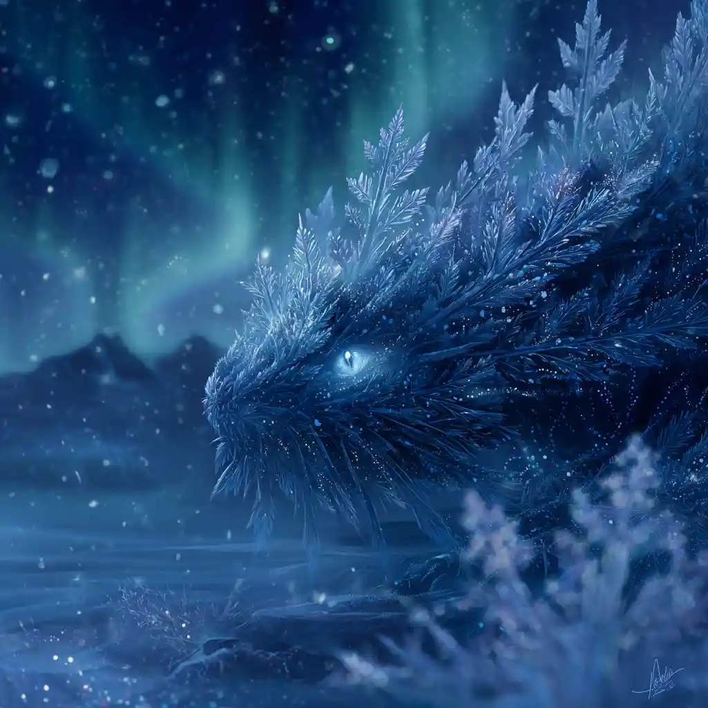 在發光冰封苔原上遊蕩的雪花生物