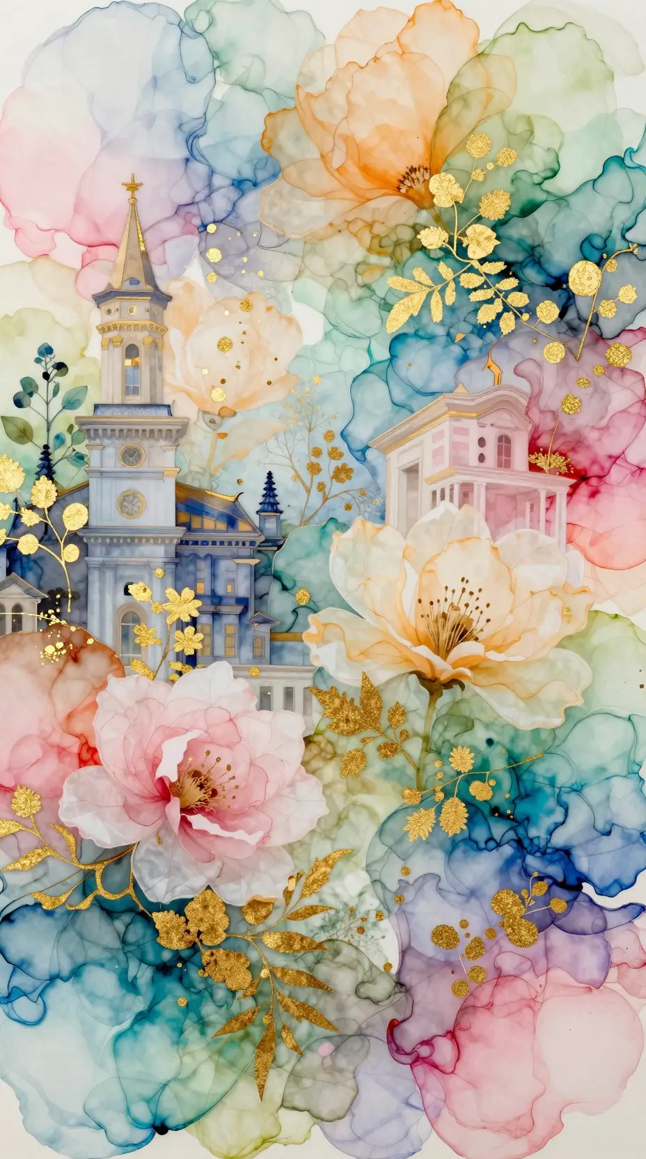 Expressive mixed media mosaic of flora over architecture