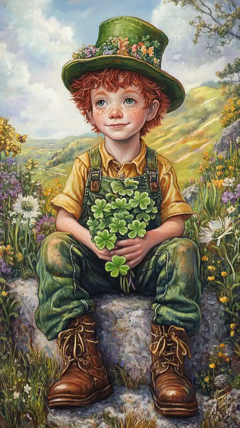 Cute freckled boy with clovers in an Irish countryside