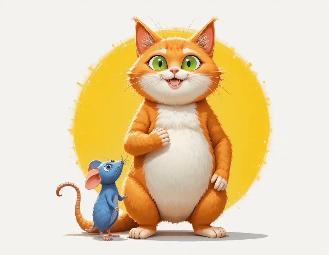 Playful cartoon cat holding a tiny blue mouse