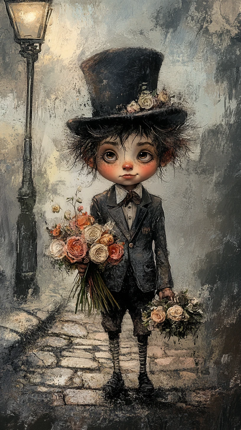 Whimsical Little Boy In Oversized Suit On Cobblestone Path