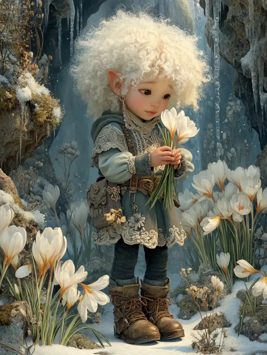 Forest gnome girl picking the first spring flowers