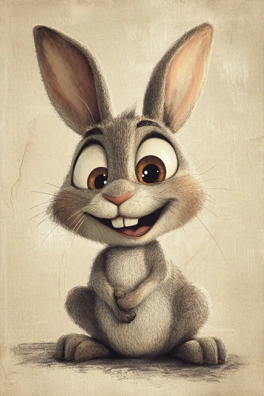 Playful cartoon rabbit with oversized eyes on bold background