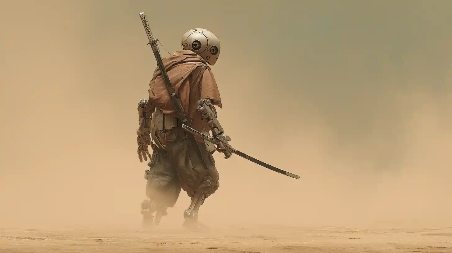 Guerreiro robô antigo caminhando sozinho em uma tempestade de areia no deserto