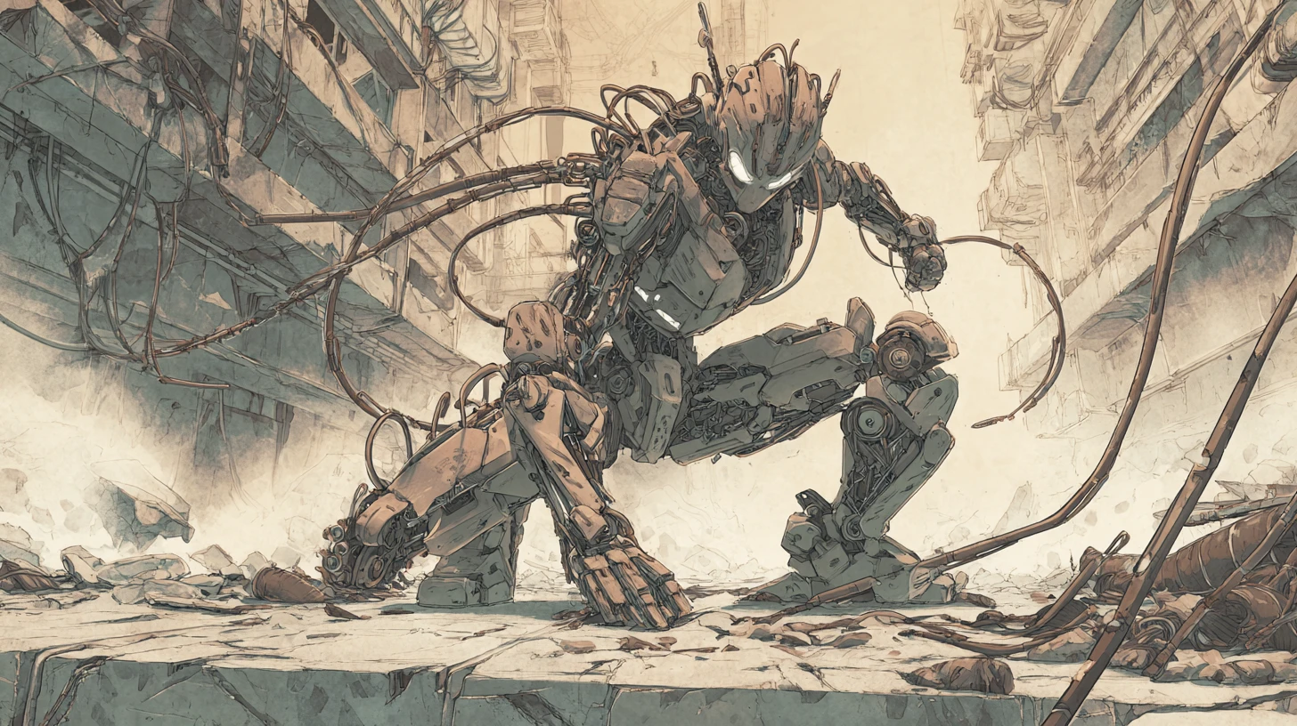 Copper android warrior in a ruined cyberpunk city