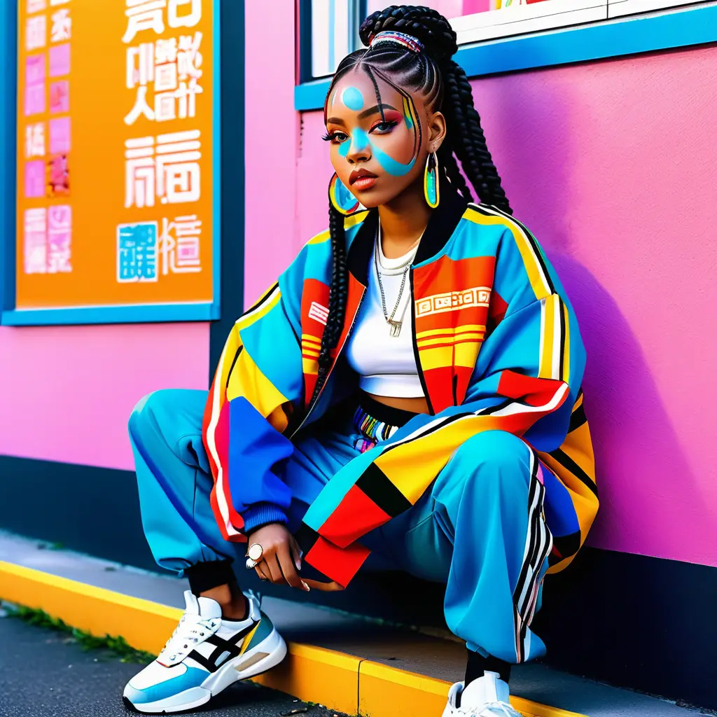 Afrofuturist anime girl with braids and bubble tea