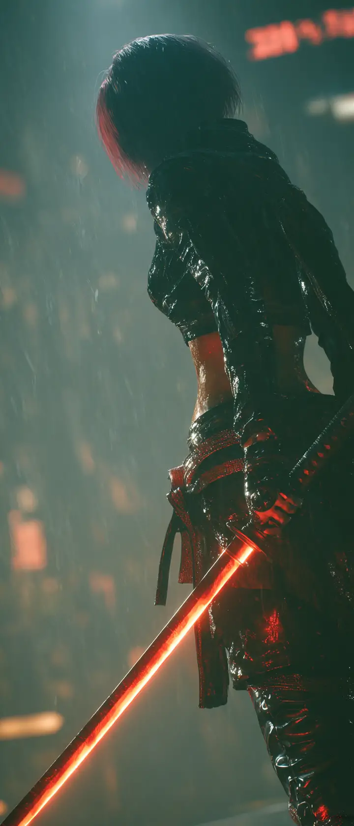 Anime cyber ninja woman with glowing neon katana