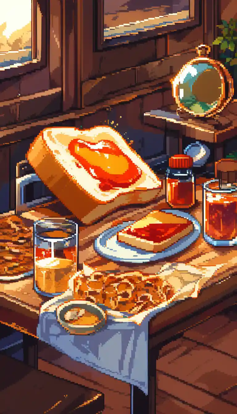 Pixelart nostalgisches Frühstück mit Toast und Aufstrichen