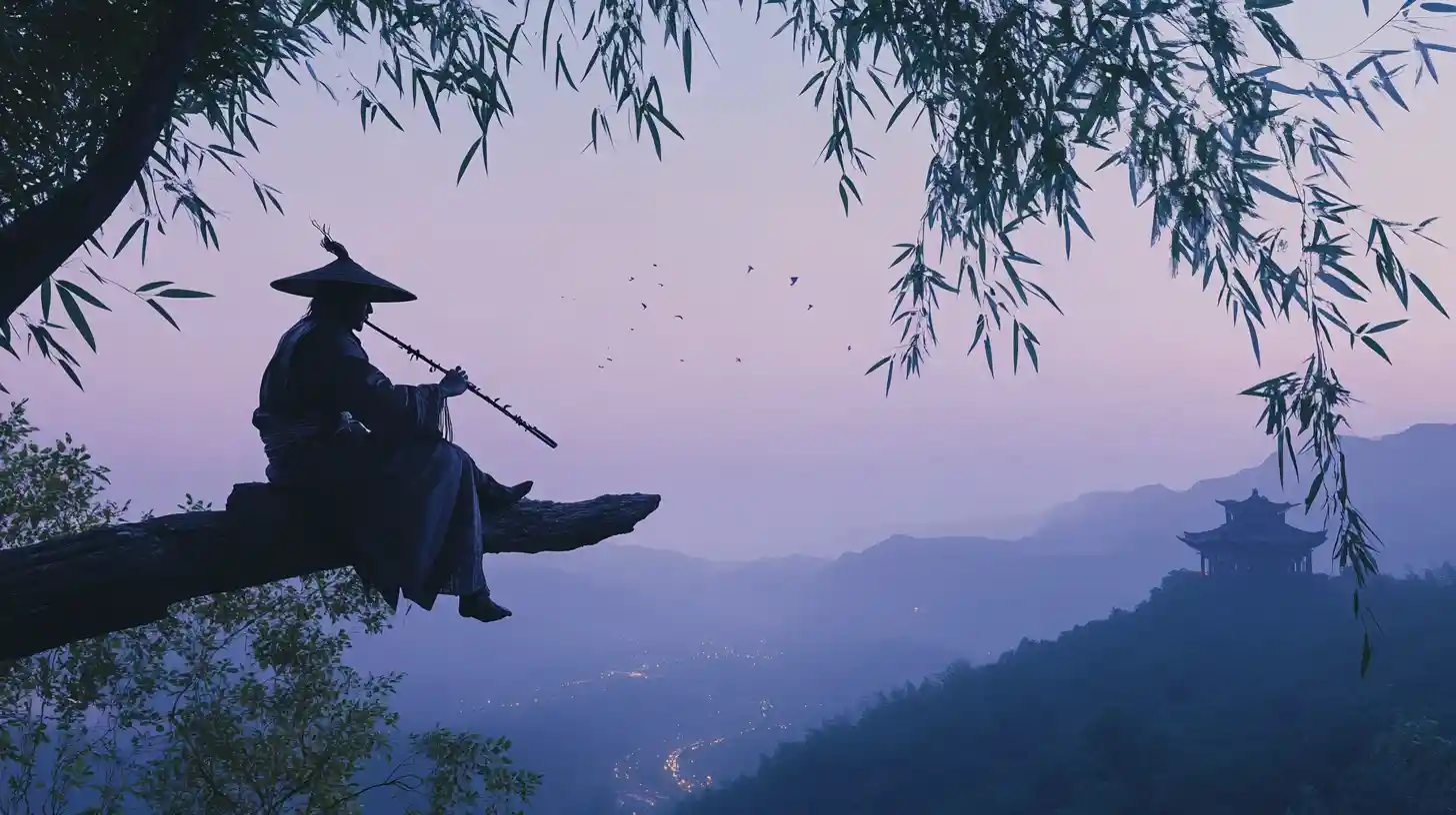 Warrior Playing Flute Above Bamboo Forest At Dusk