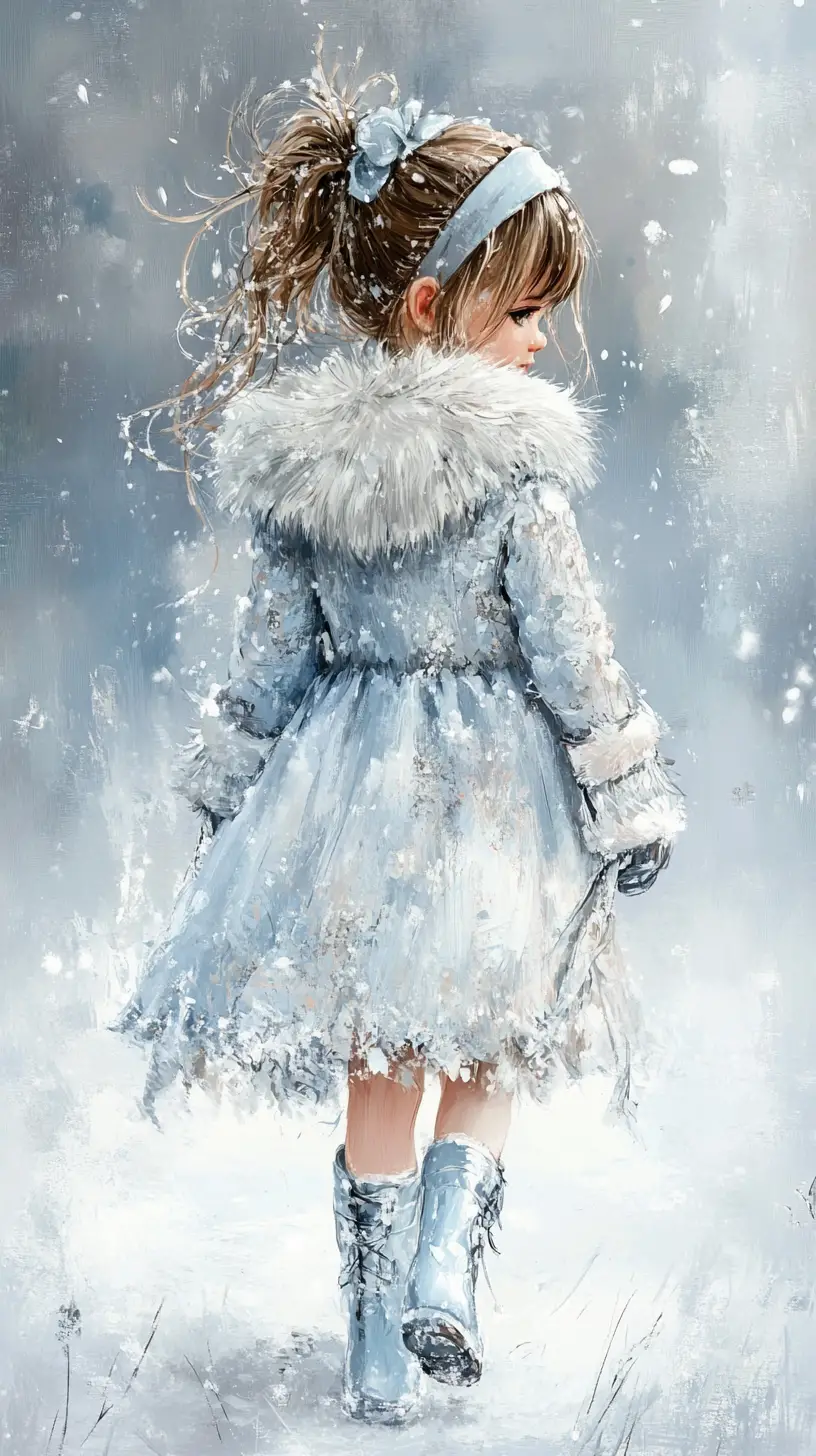 Little girl in silver fur coat walking in snowy mist