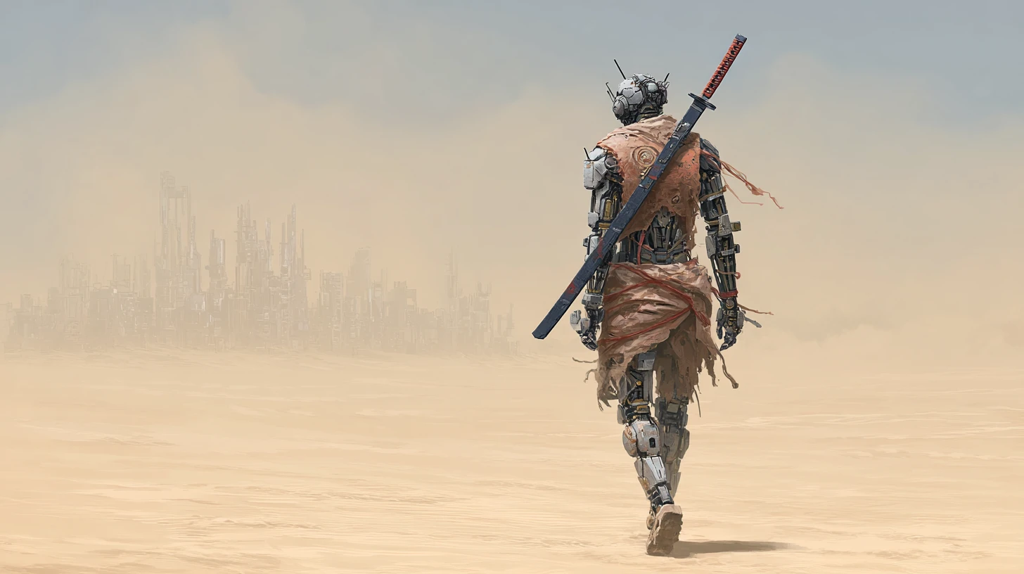 Antigo guerreiro robô caminhando sozinho pela tempestade no deserto