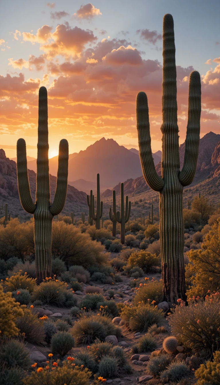Luz de la hora dorada sobre cactus saguaro en paisaje desértico