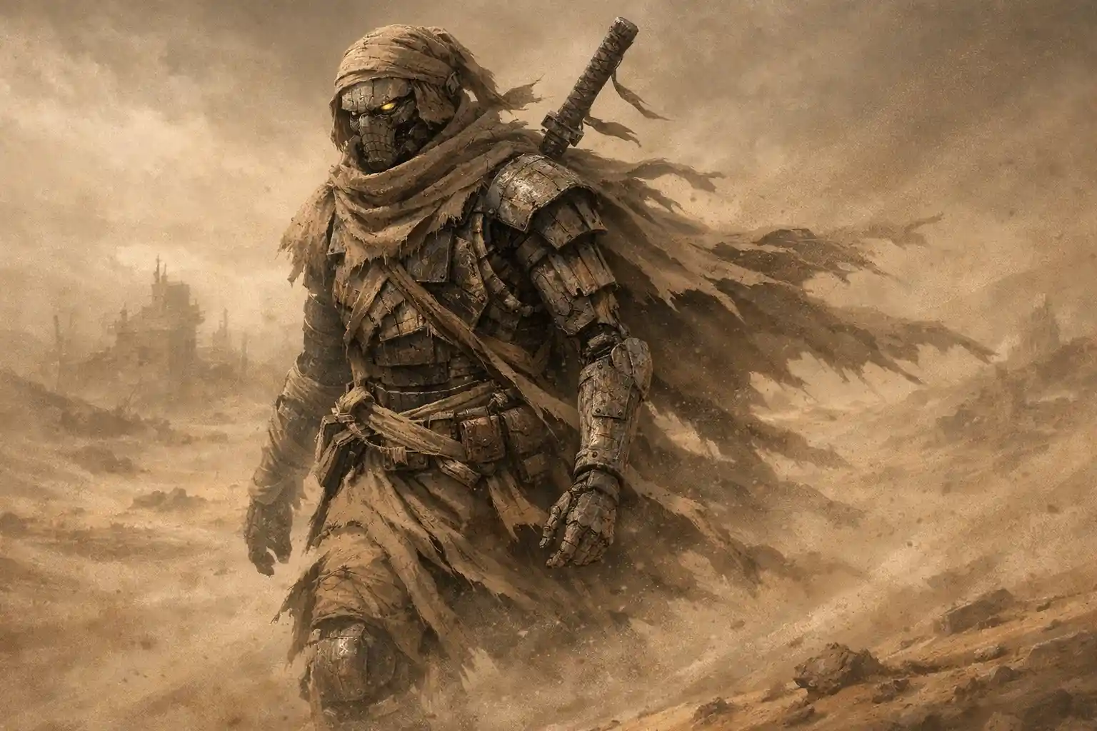 Antico guerriero robot che cammina in un vasto deserto desolato