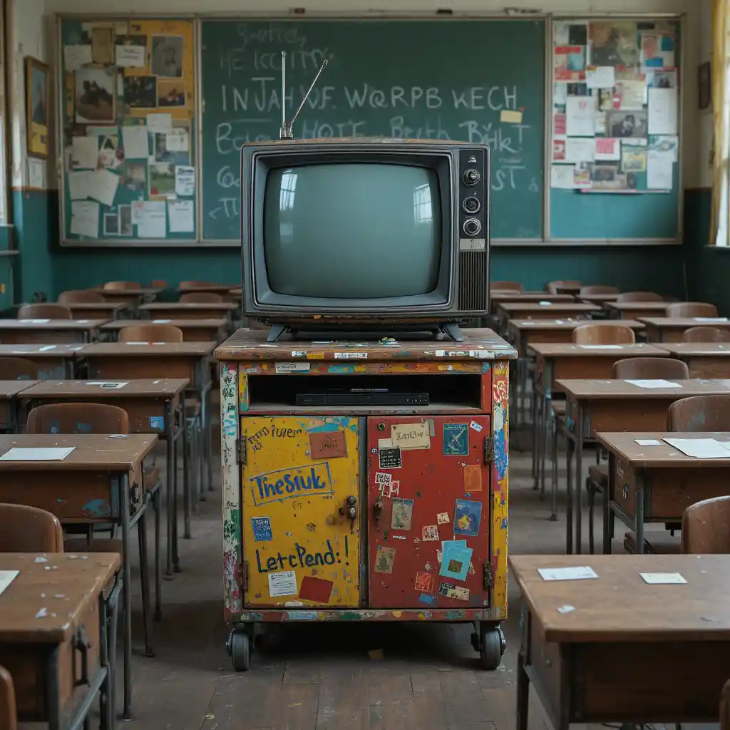 Vintage classroom with old television on colorful rolling cart