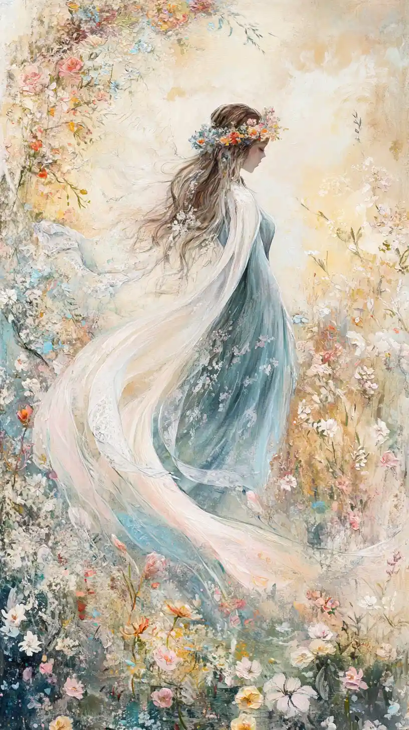 Ethereal Woman In Silk Gown In Dreamlike Flower Garden