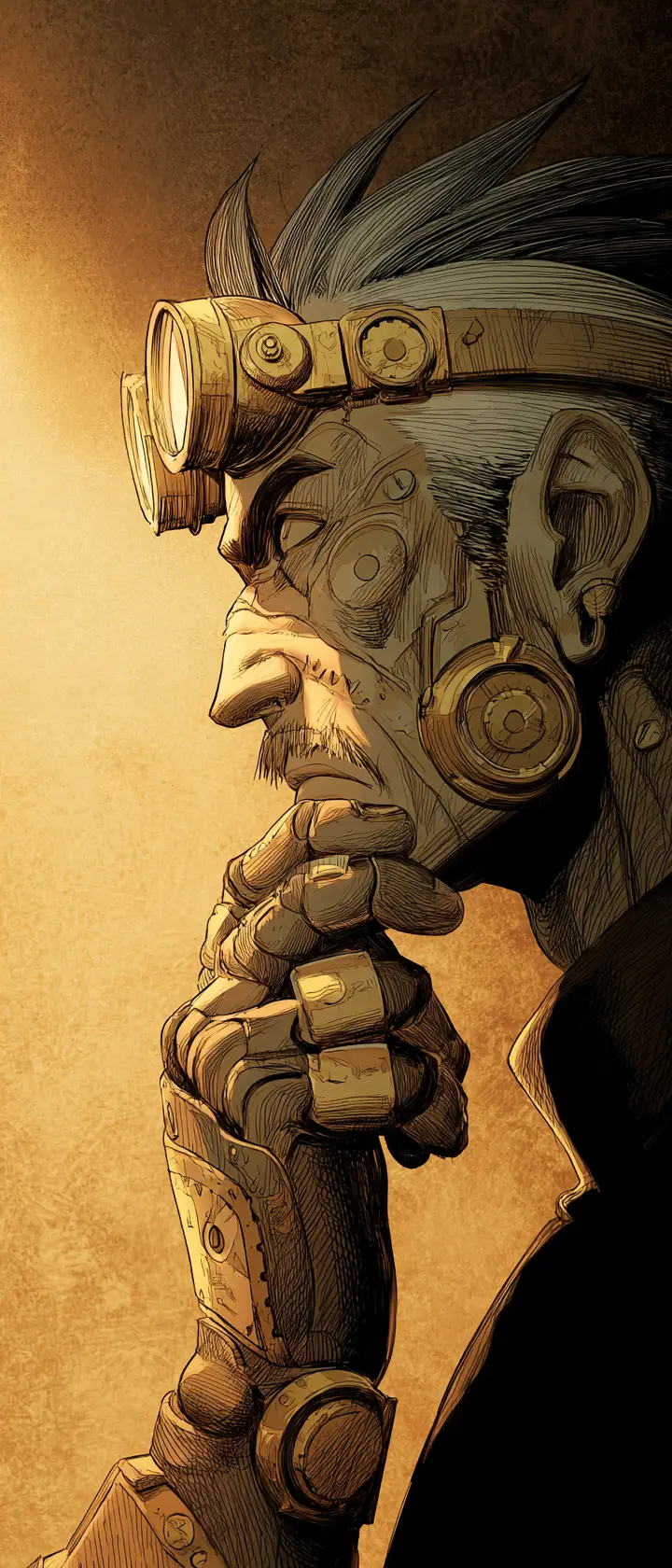 Steampunk anime inventor in dramatic profile portrait